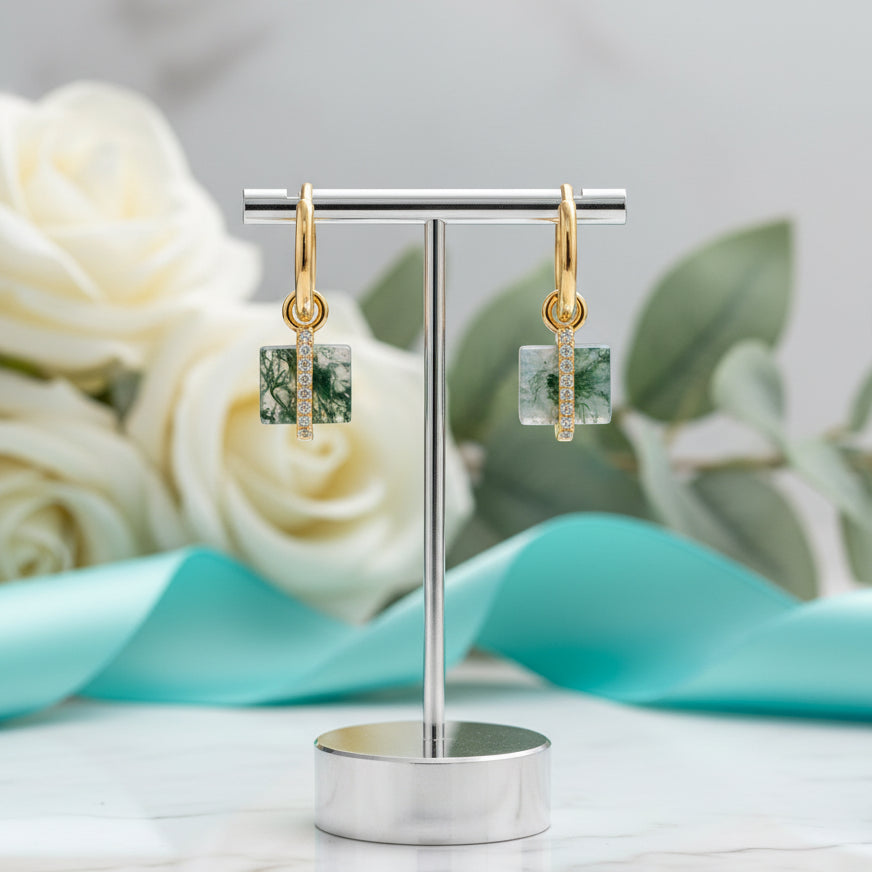 Cherished Bond- Inlaid Natural Moss Agate Earrings