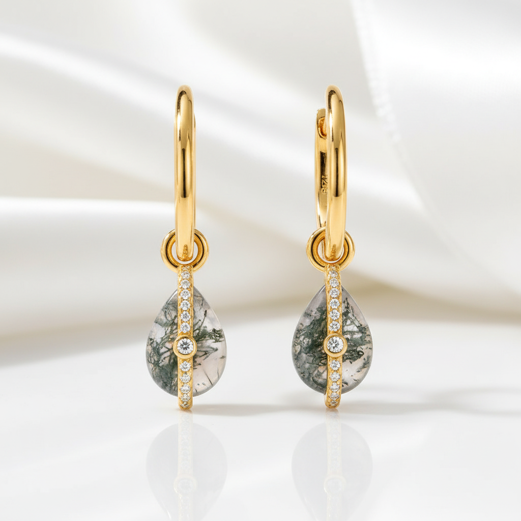 Destiny's Duet- Unique Natural Moss Agate Drop Earrings