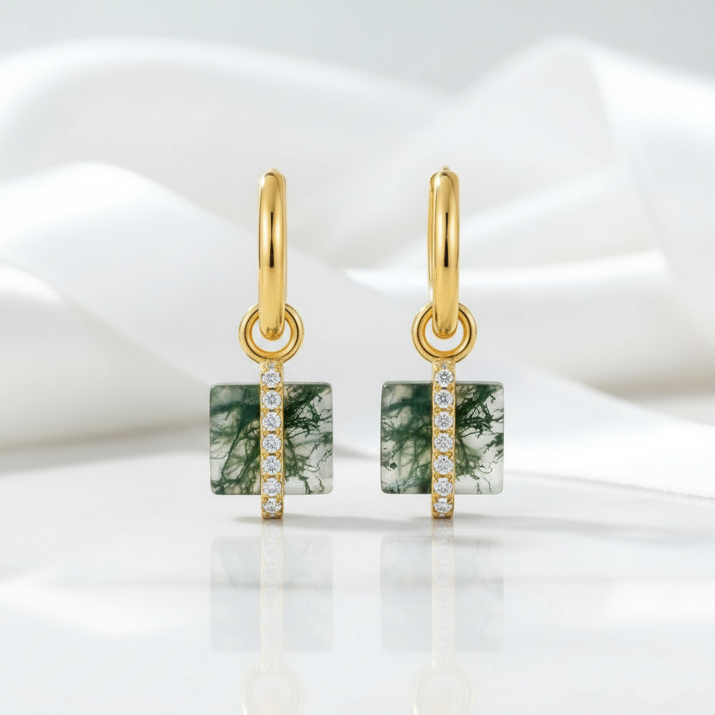Cherished Bond- Inlaid Natural Moss Agate Earrings
