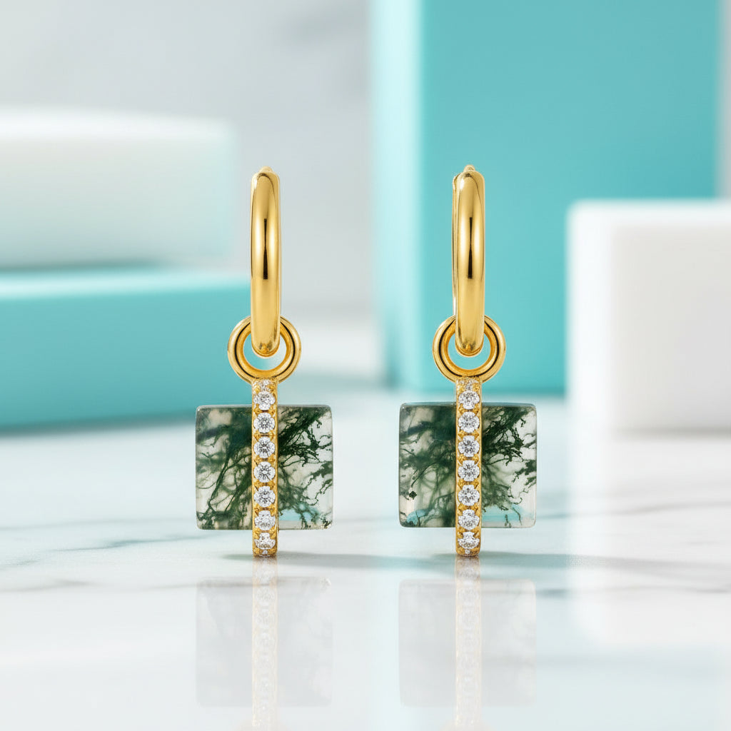 Cherished Bond- Inlaid Natural Moss Agate Earrings-Evani Jewelry