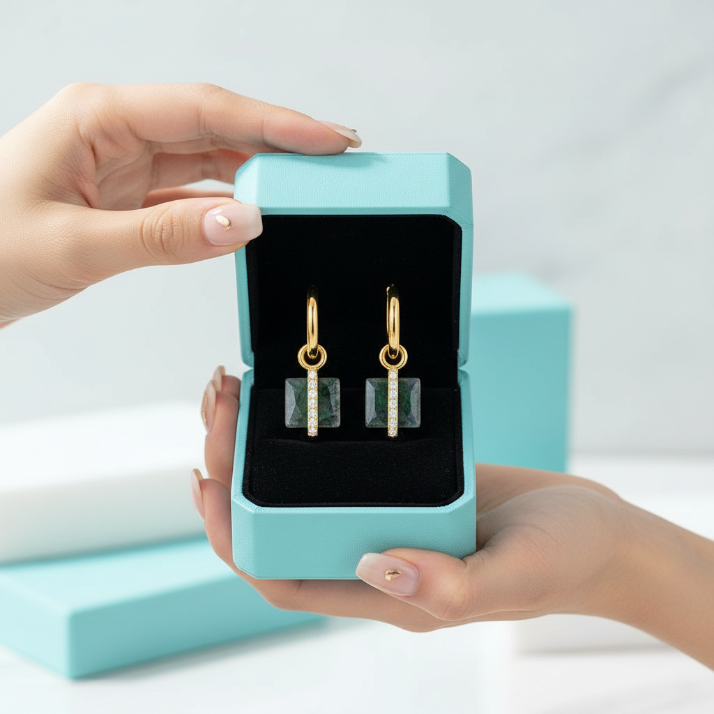 Cherished Bond- Inlaid Natural Moss Agate Earrings