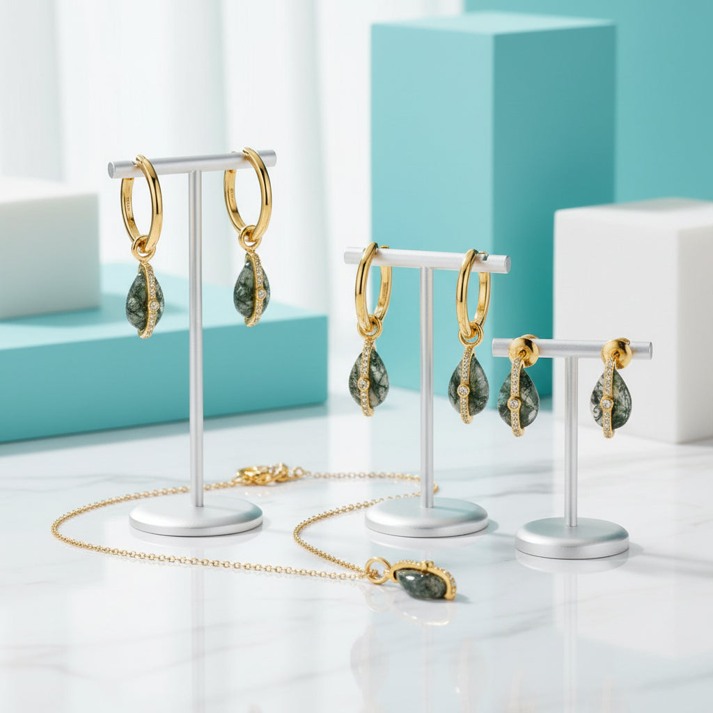 Destiny's Duet- Unique Natural Moss Agate Drop Earrings-Evani Jewelry