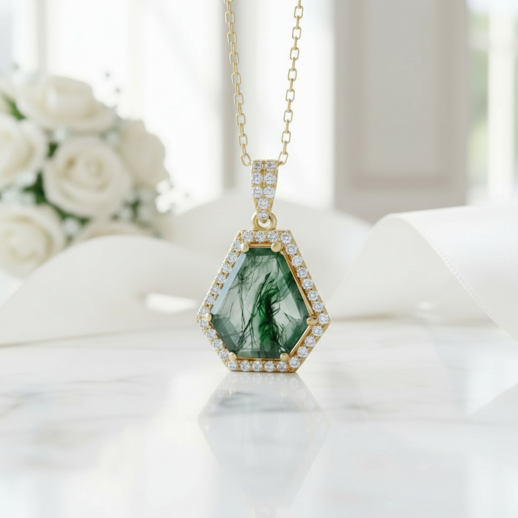 Enchanted Adornment- Geometric Natural Moss Agate Pendant Necklace-Evani Jewelry