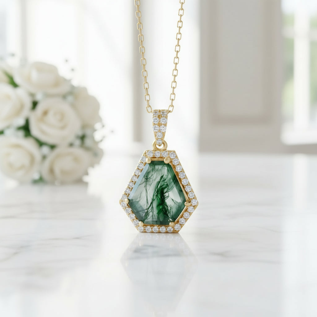 Enchanted Adornment- Geometric Natural Moss Agate Pendant Necklace-Evani Jewelry