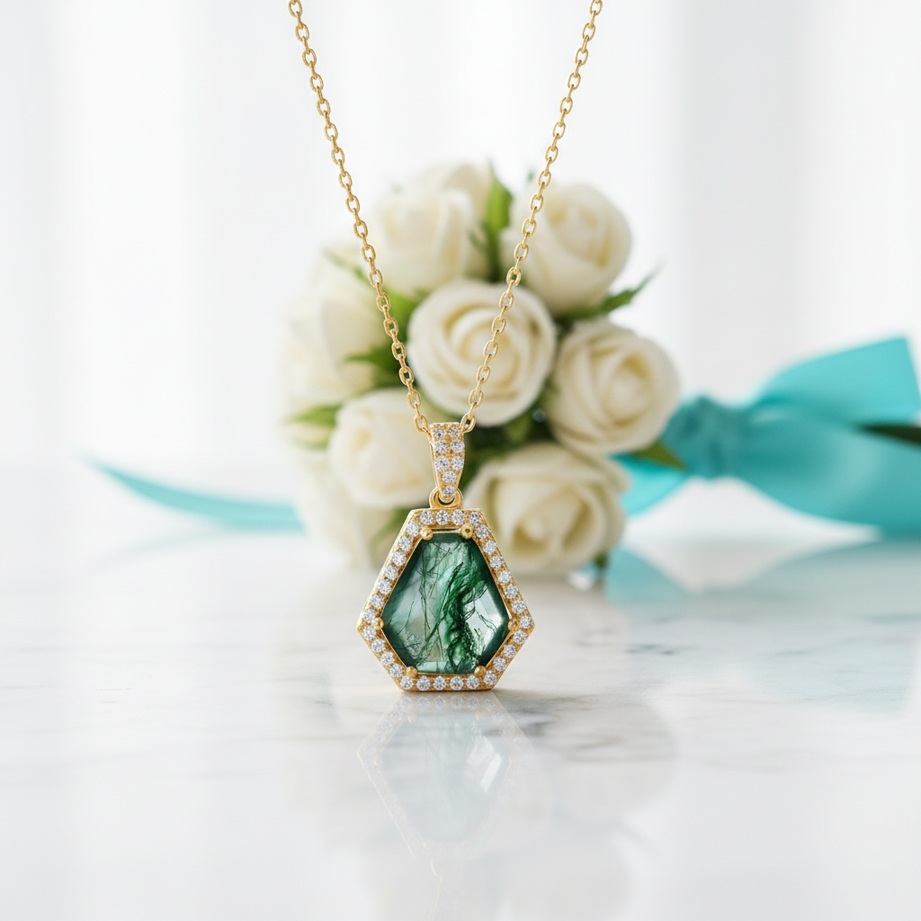 Enchanted Adornment- Geometric Natural Moss Agate Pendant Necklace-Evani Jewelry