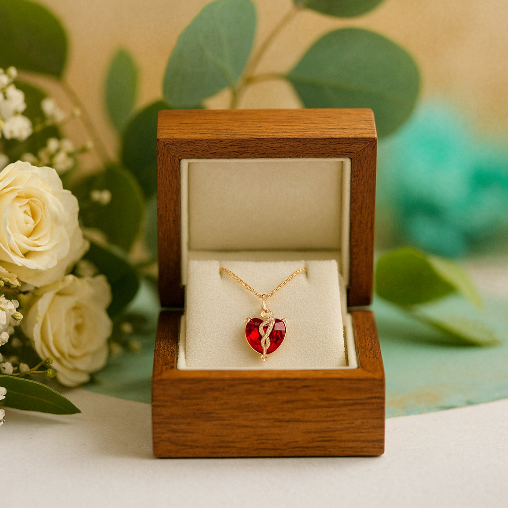 Gold necklace with a red heart pendant in a wooden box, surrounded by flowers and greenery.