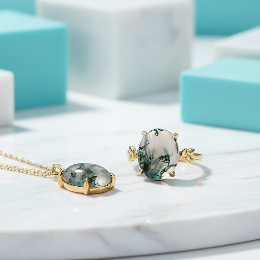 Love Untouched by Time- Unique Oval Natural Moss Agate Rings-Evani Jewelry