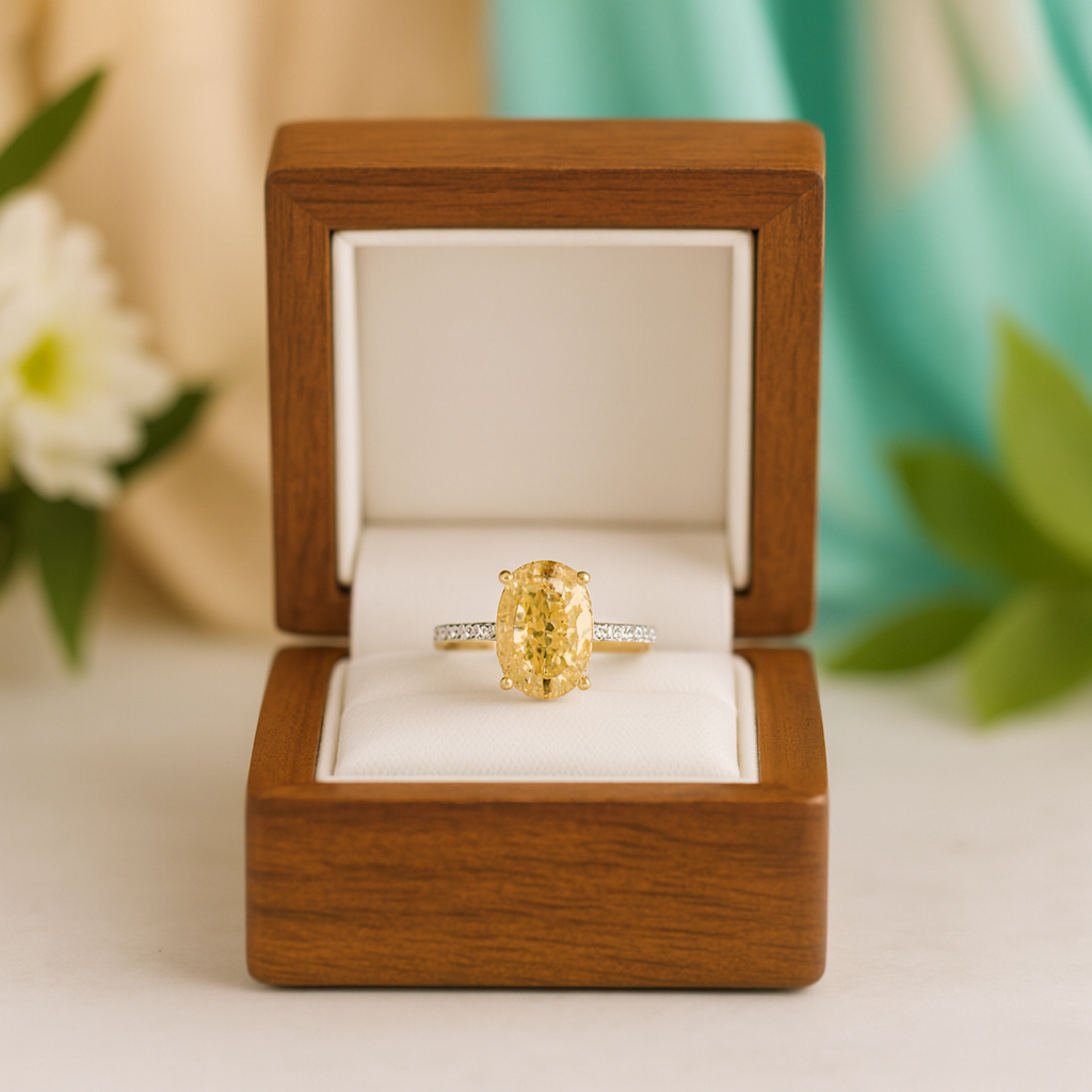 Gold ring in a wooden box with a blurred floral background