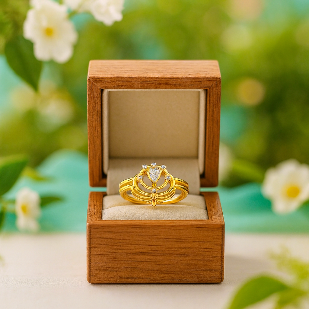 Gold ring in a wooden box with a floral background