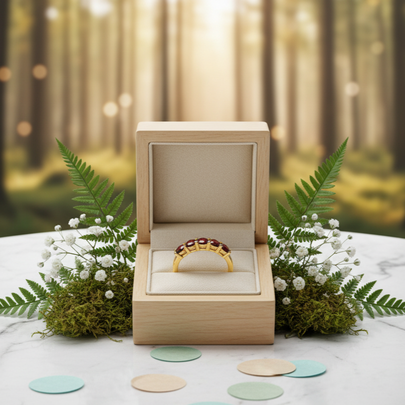 Gold ring in a wooden box with a forest background
