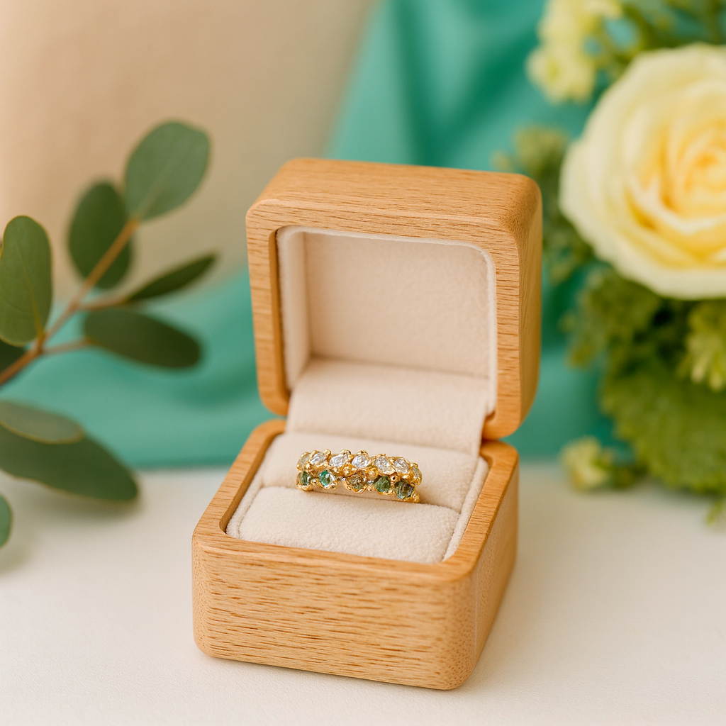 Gold ring in a wooden box with flowers and leaves in the background