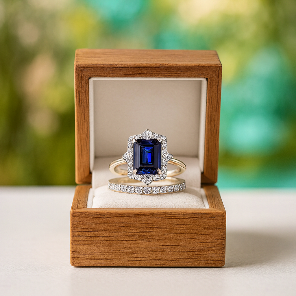 Gold ring with a blue gemstone in a wooden box against a blurred green background