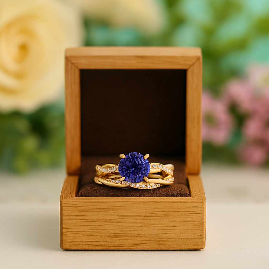 Gold ring with a blue gemstone in a wooden box against a floral background