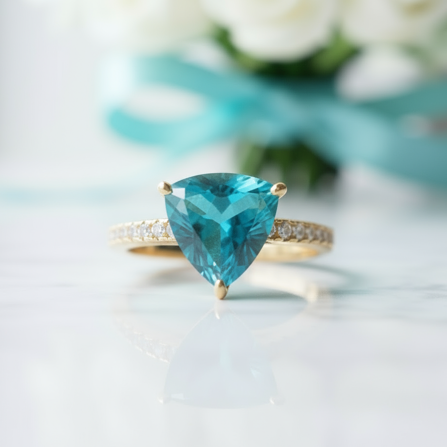 Gold ring with a blue gemstone on a light background