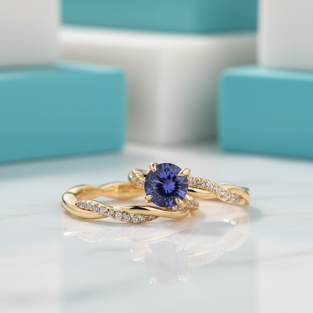 Gorgeous 1.2ct Round Cut Tanzanite Twist Engagement Ring Set-Evani Jewelry