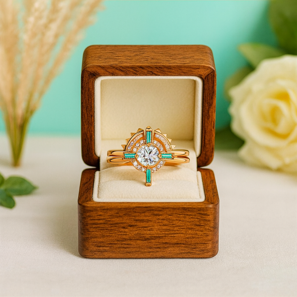 Gold ring with a central diamond and green gemstones in a wooden box on a light background