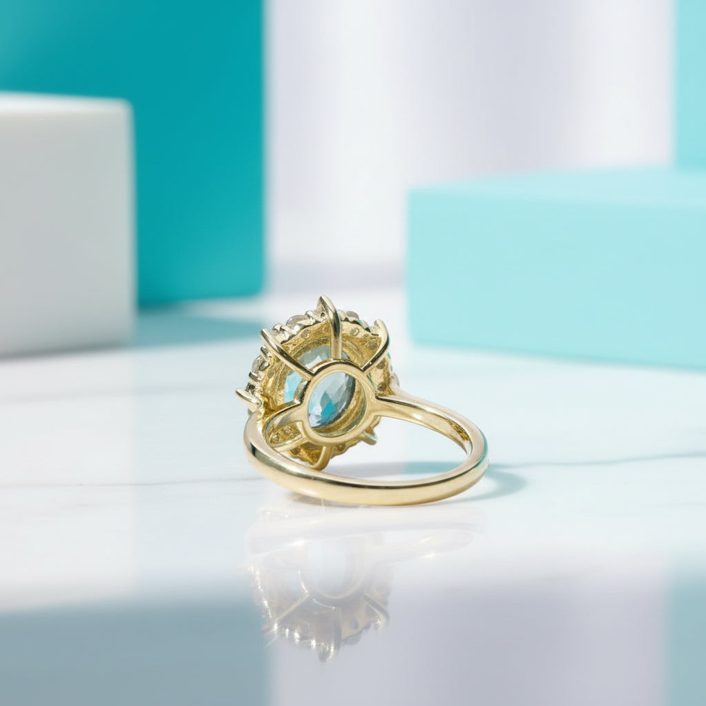 Halo of Dewdrops- Moss Agate Oval Cut Unique Cluster Halo Engagement Ring-Evani Jewelry