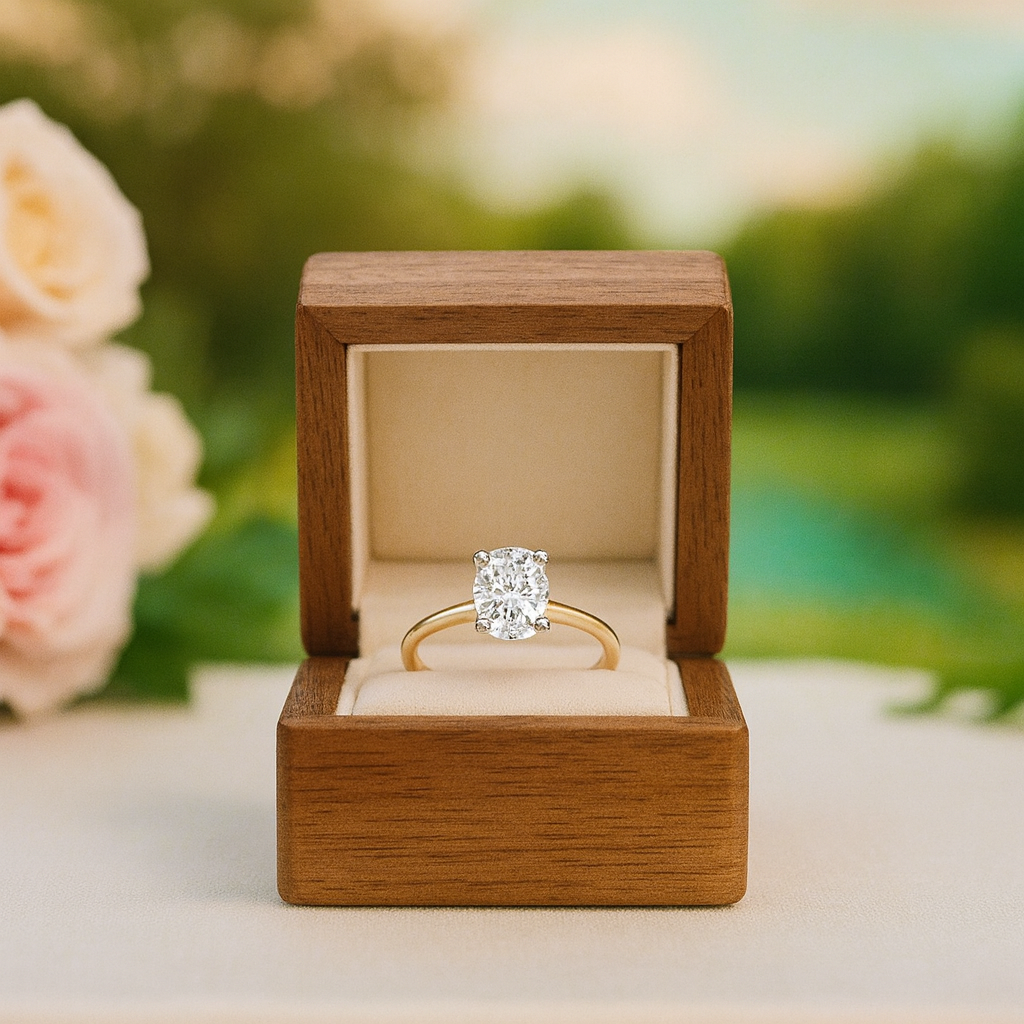 Gold ring with a diamond in a wooden box against a blurred floral background