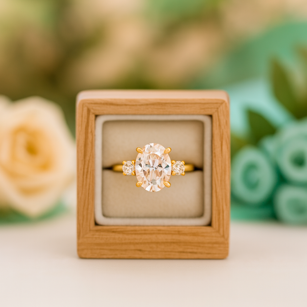 Gold ring with a diamond in a wooden box against a floral background