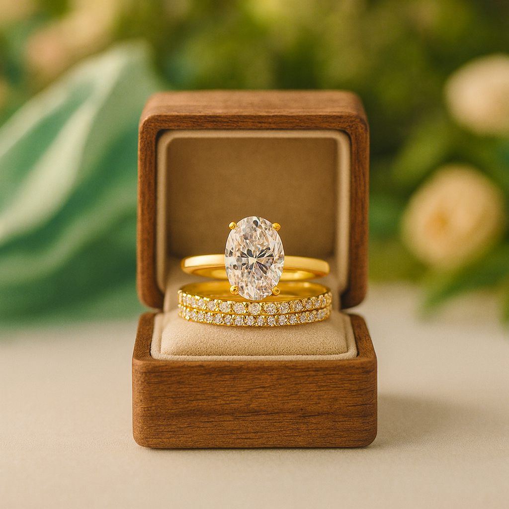 Gold ring with a diamond in an open wooden box against a blurred natural background