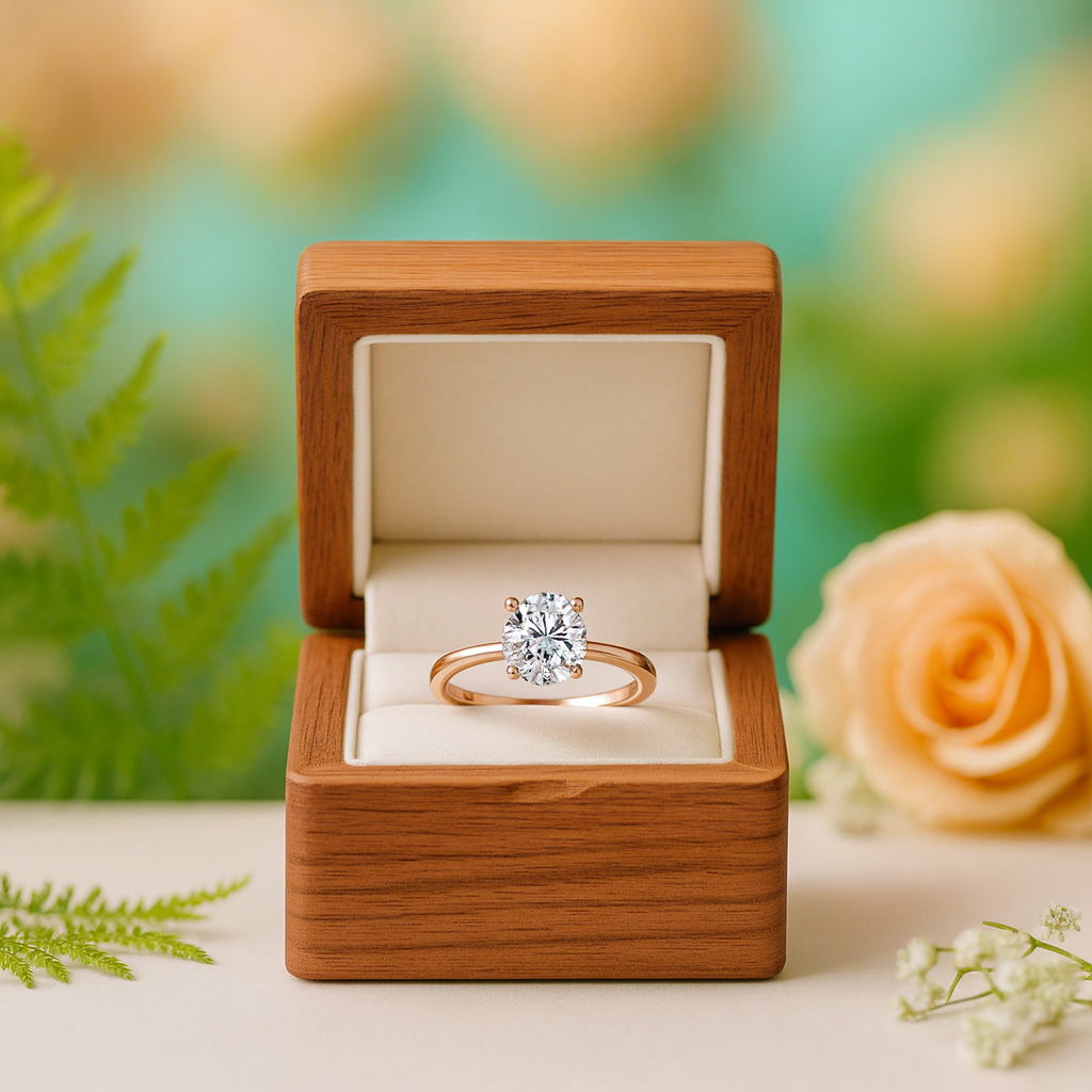 Gold ring with a diamond in an open wooden box on a blurred natural background