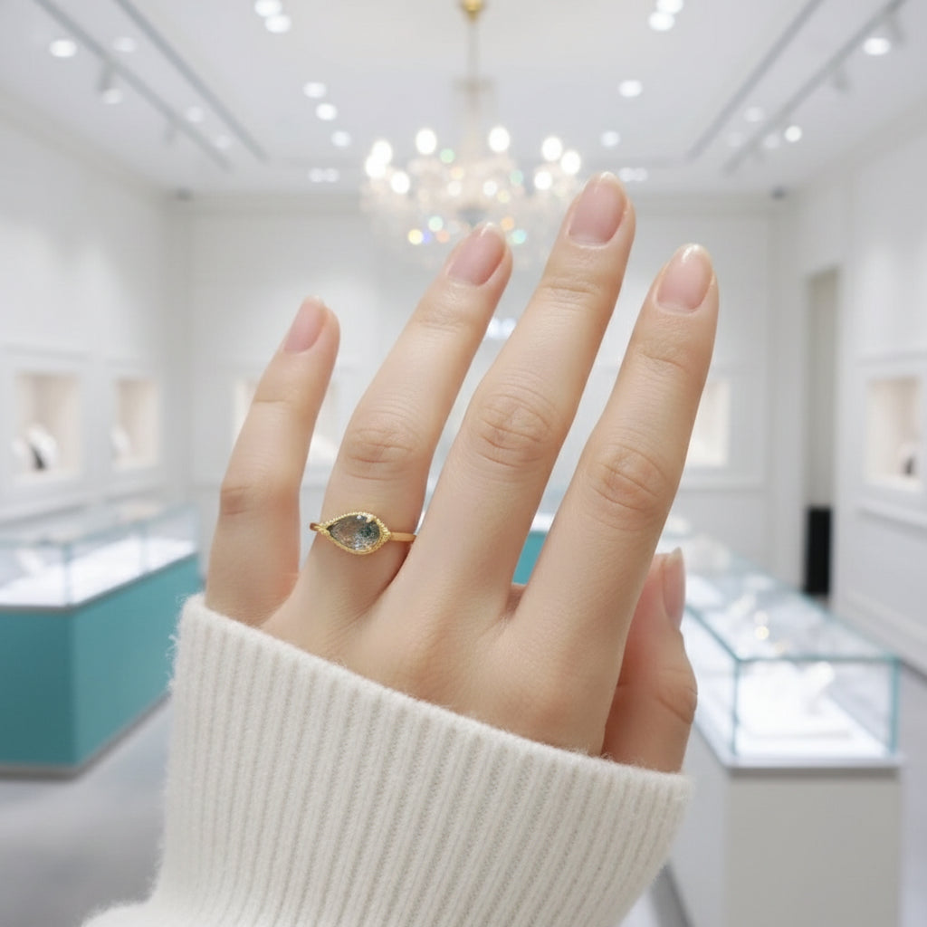 Sealed Vows- Pear Cut Moss Agate Gold Open Ring-Evani Jewelry