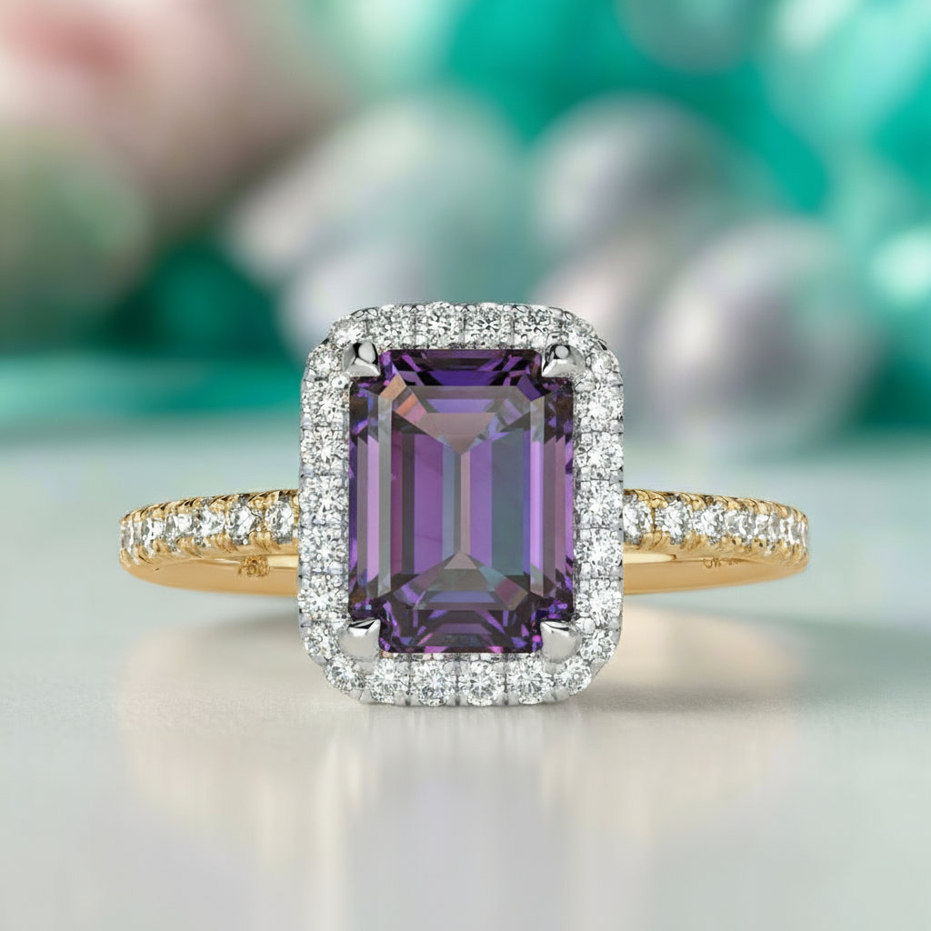 Gold ring with a green gemstone and diamond accents on a blurred background