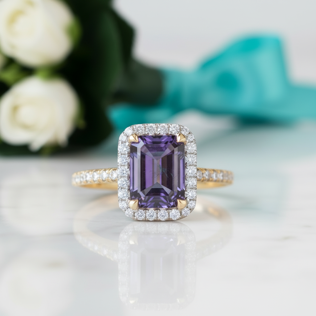 2.50 ct Emerald Cut Alexandrite Two Tone 14k Gold Engagement Ring-Evani Jewelry