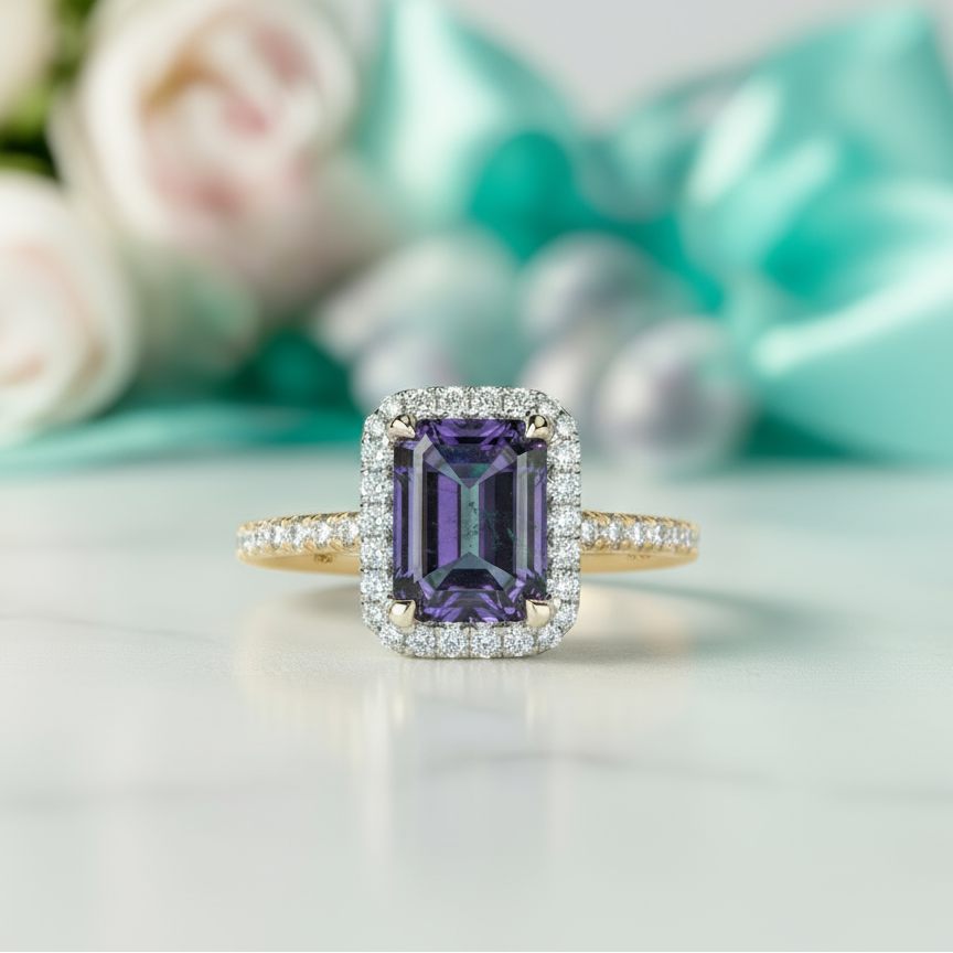 Gold ring with a green gemstone and diamond accents on a blurred background