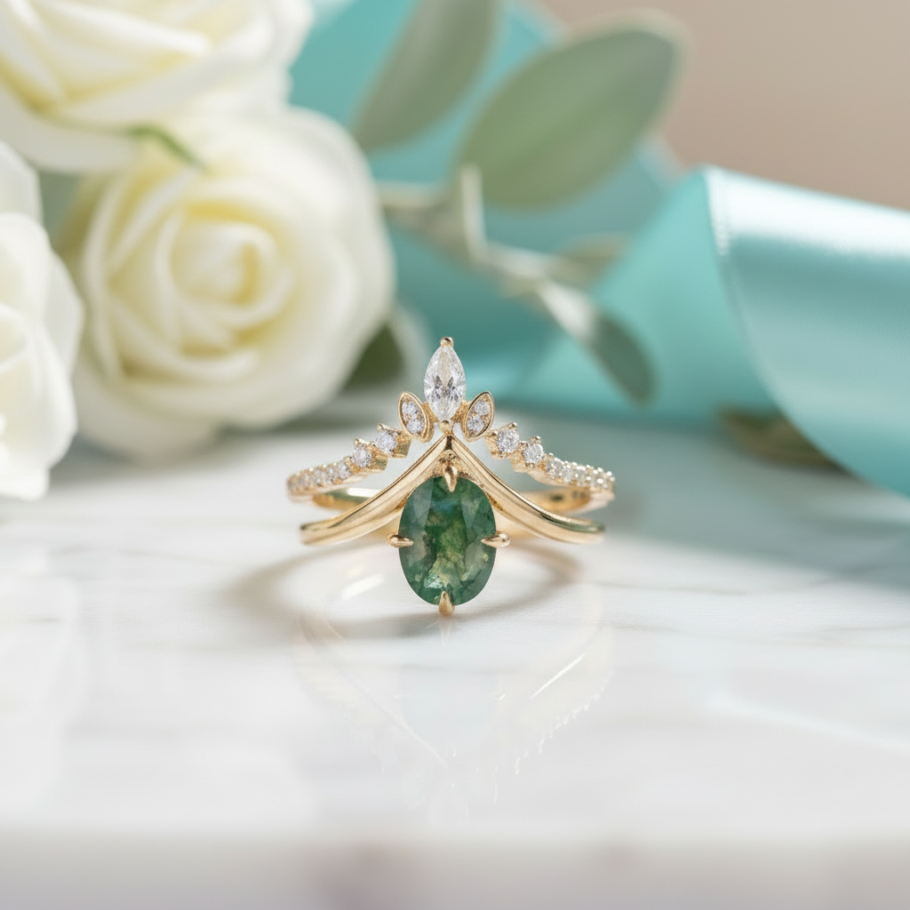 Captured Starlight- Unique Moss Agate V Shape Engagement Ring Set-Evani Jewelry