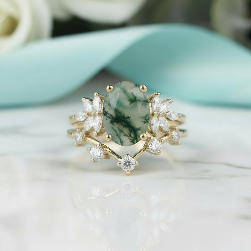 Alchemist's Heart- Vintage Moss Agate Cluster Curved Wedding Band Ring Set-Evani Jewelry