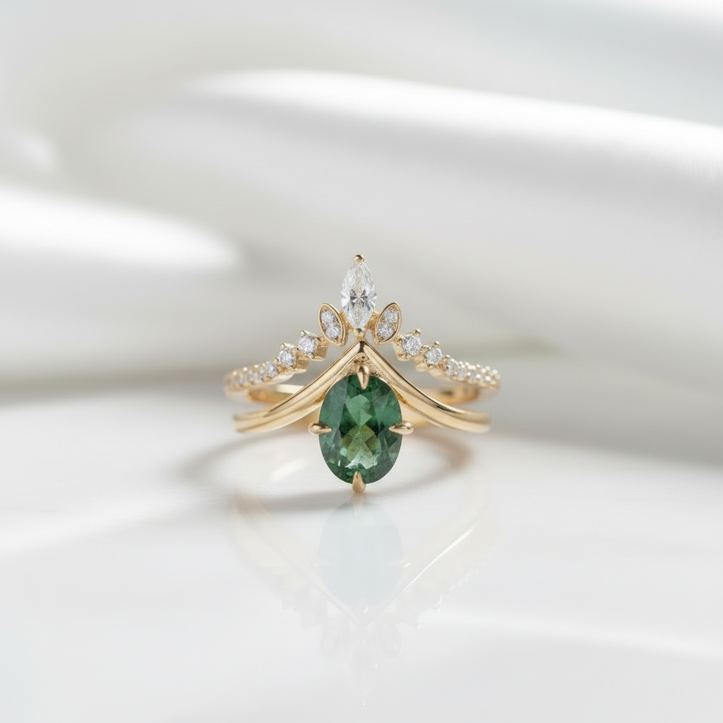 Captured Starlight- Unique Moss Agate V Shape Engagement Ring Set