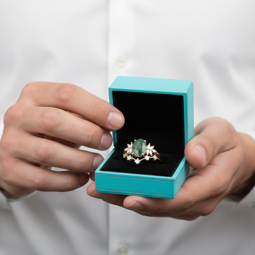 Alchemist's Heart- Vintage Moss Agate Cluster Curved Wedding Band Ring Set