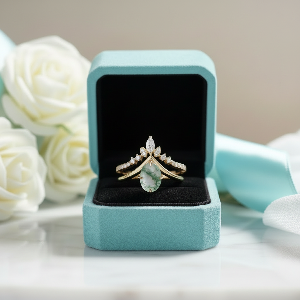 Captured Starlight- Unique Moss Agate V Shape Engagement Ring Set - Evani Naomi Jewelry
