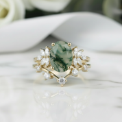 Alchemist's Heart- Vintage Moss Agate Cluster Curved Wedding Band Ring Set