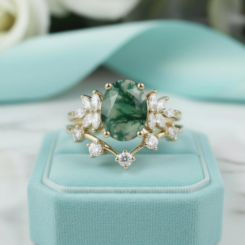 Alchemist's Heart- Vintage Moss Agate Cluster Curved Wedding Band Ring Set