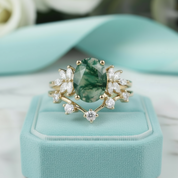 Alchemist's Heart- Vintage Moss Agate Cluster Curved Wedding Band Ring Set