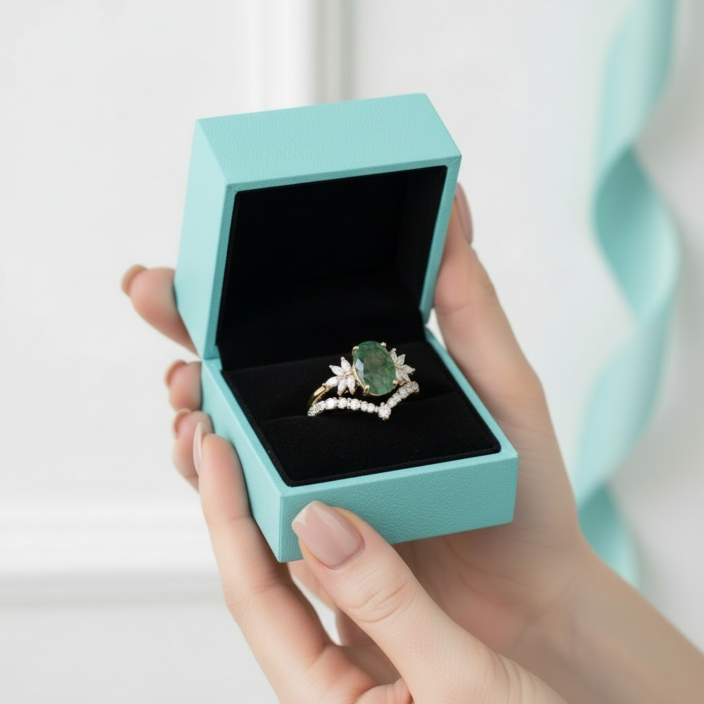 Alchemist's Heart- Vintage Moss Agate Cluster Curved Wedding Band Ring Set