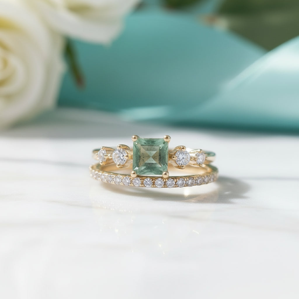 Delicate Ballet- Vintage Moss Agate Engagement Ring Set-Evani Jewelry