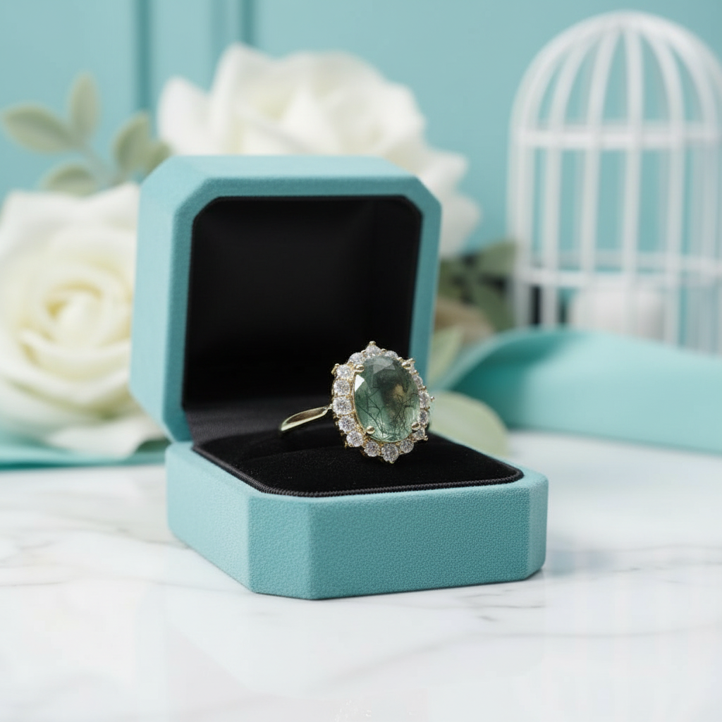 Halo of Dewdrops- Moss Agate Oval Cut Unique Cluster Halo Engagement Ring - Evani Naomi Jewelry