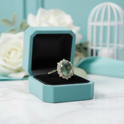 Halo of Dewdrops- Moss Agate Oval Cut Unique Cluster Halo Engagement Ring