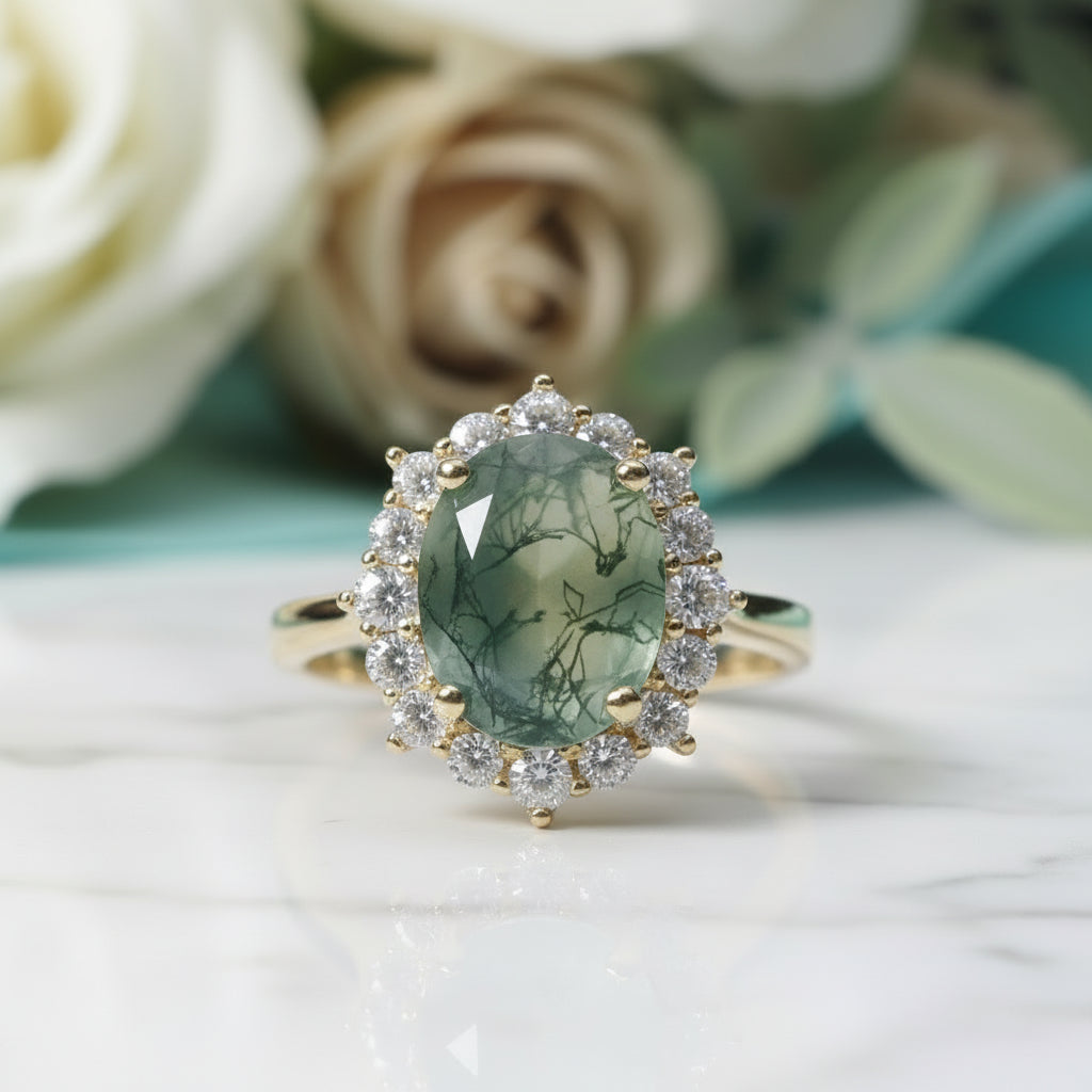 Halo of Dewdrops- Moss Agate Oval Cut Unique Cluster Halo Engagement Ring-Evani Jewelry