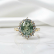 Halo of Dewdrops- Moss Agate Oval Cut Unique Cluster Halo Engagement Ring