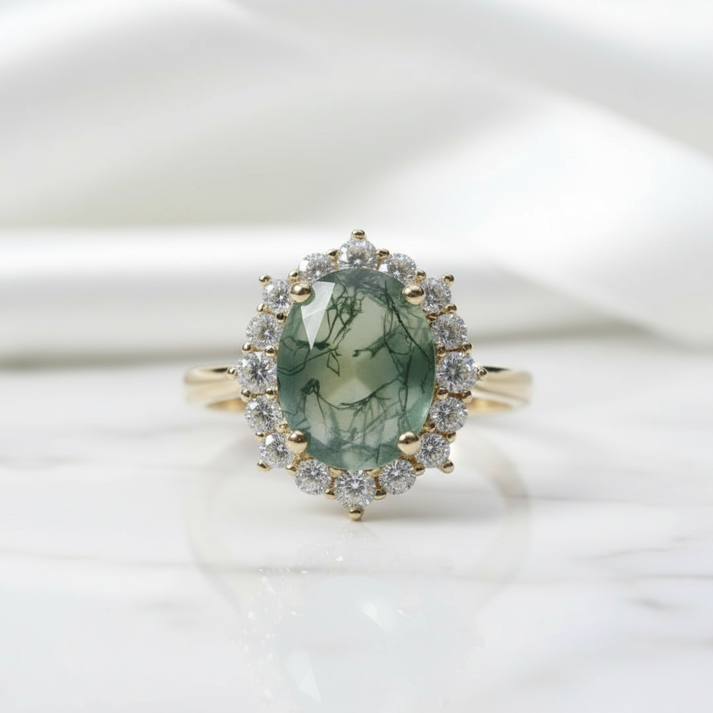 Halo of Dewdrops- Moss Agate Oval Cut Unique Cluster Halo Engagement Ring - Evani Naomi Jewelry