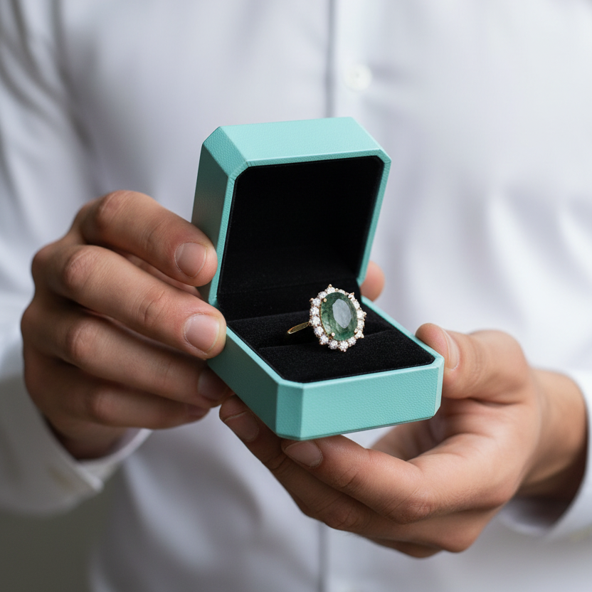 Halo of Dewdrops- Moss Agate Oval Cut Unique Cluster Halo Engagement Ring - Evani Naomi Jewelry