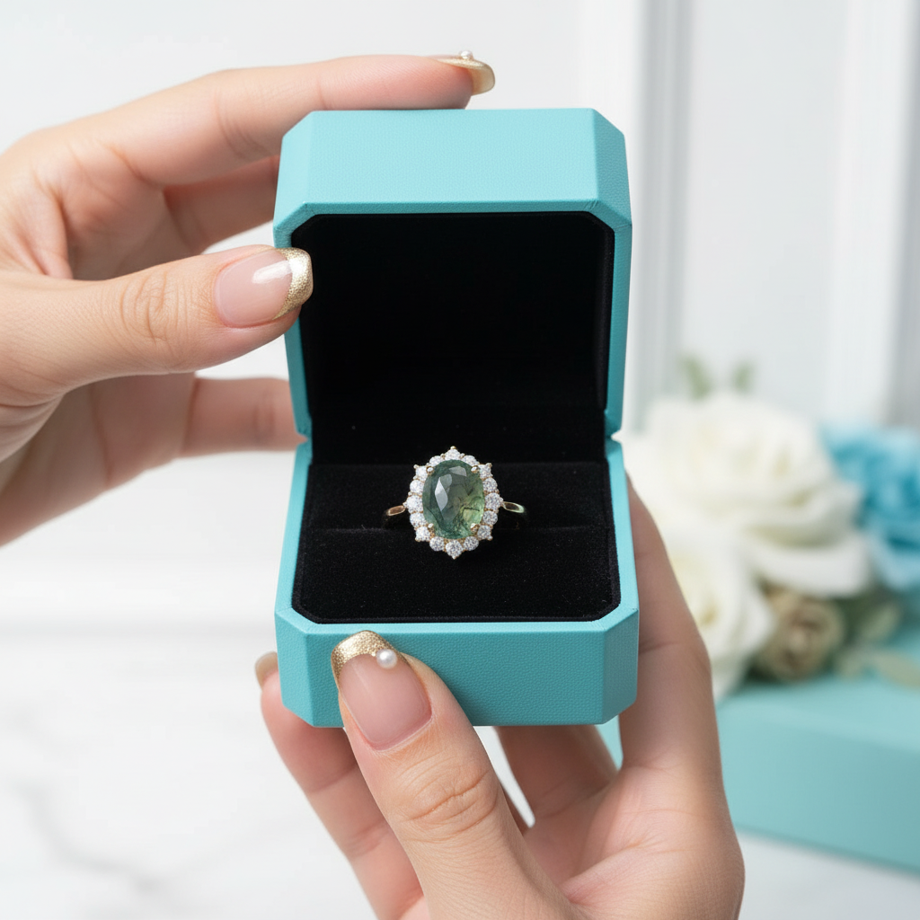 Halo of Dewdrops- Moss Agate Oval Cut Unique Cluster Halo Engagement Ring - Evani Naomi Jewelry
