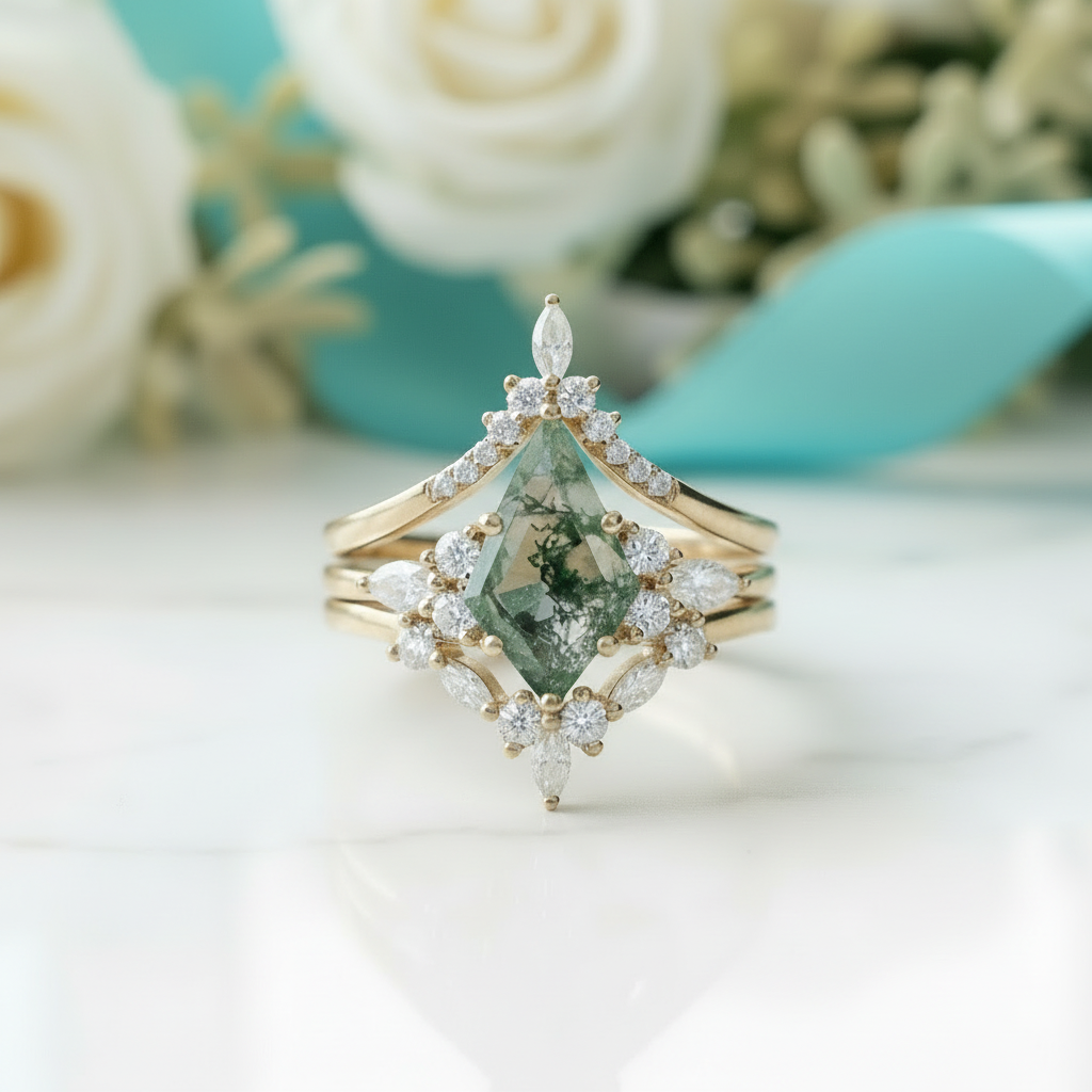 Starfall Promise-Three-piece Natural Moss Agate Ring