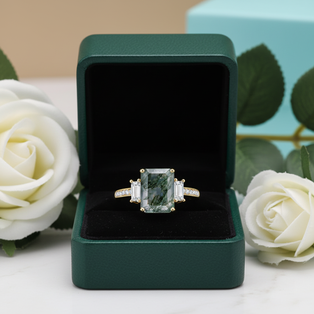 Secret Romance- Unique Octagon Cut Moss Agate There Stone Engagement Ring - Evani Naomi Jewelry