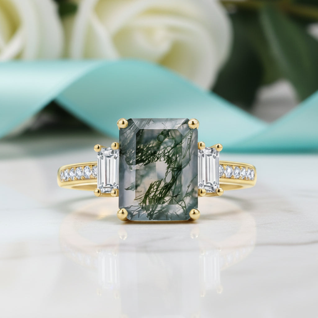 Secret Romance- Unique Octagon Cut Moss Agate There Stone Engagement Ring-Evani Jewelry