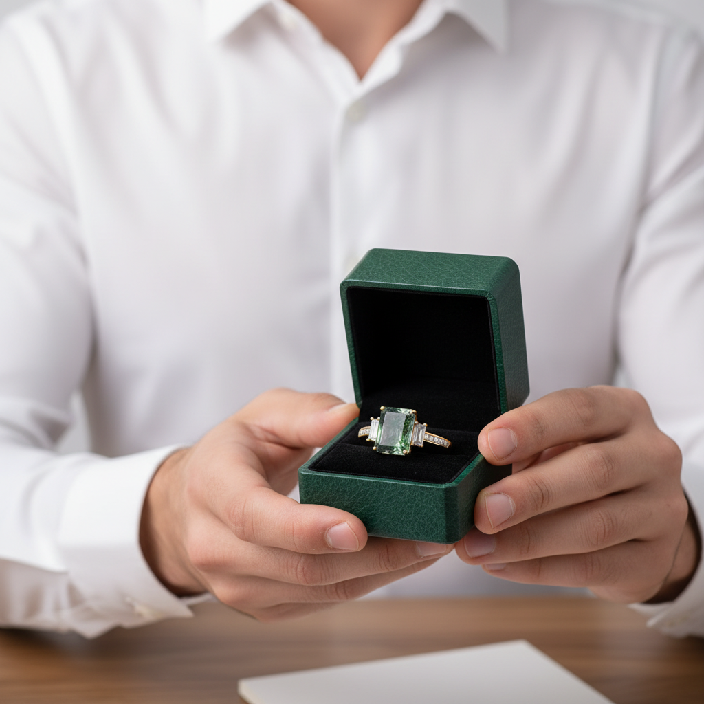 Secret Romance- Unique Octagon Cut Moss Agate There Stone Engagement Ring - Evani Naomi Jewelry